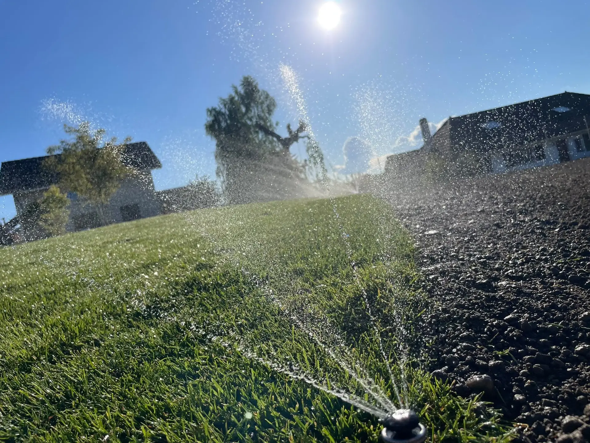 Arroseur escamotable en fonctionnement sur une pelouse de villa, installation Au fil de l'eau